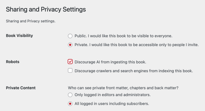 Pressbooks interface showing the AI blocker